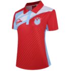 Red and light blue Year 12 School Leaver Polos with white accents and embroidered logos.