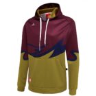 Maroon and olive Sublimated Hoodie with navy abstract waves and white drawstrings.