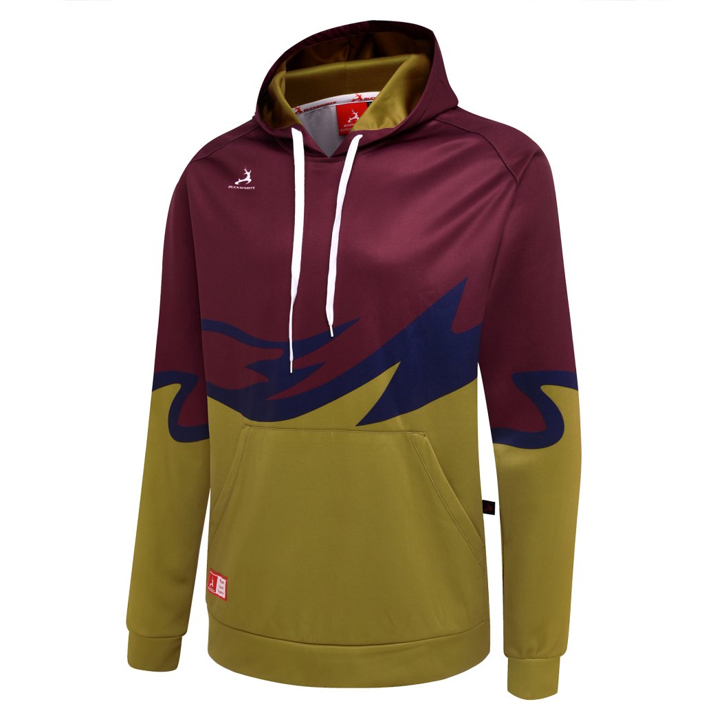 Maroon and olive Sublimated Hoodie with navy abstract waves and white drawstrings.