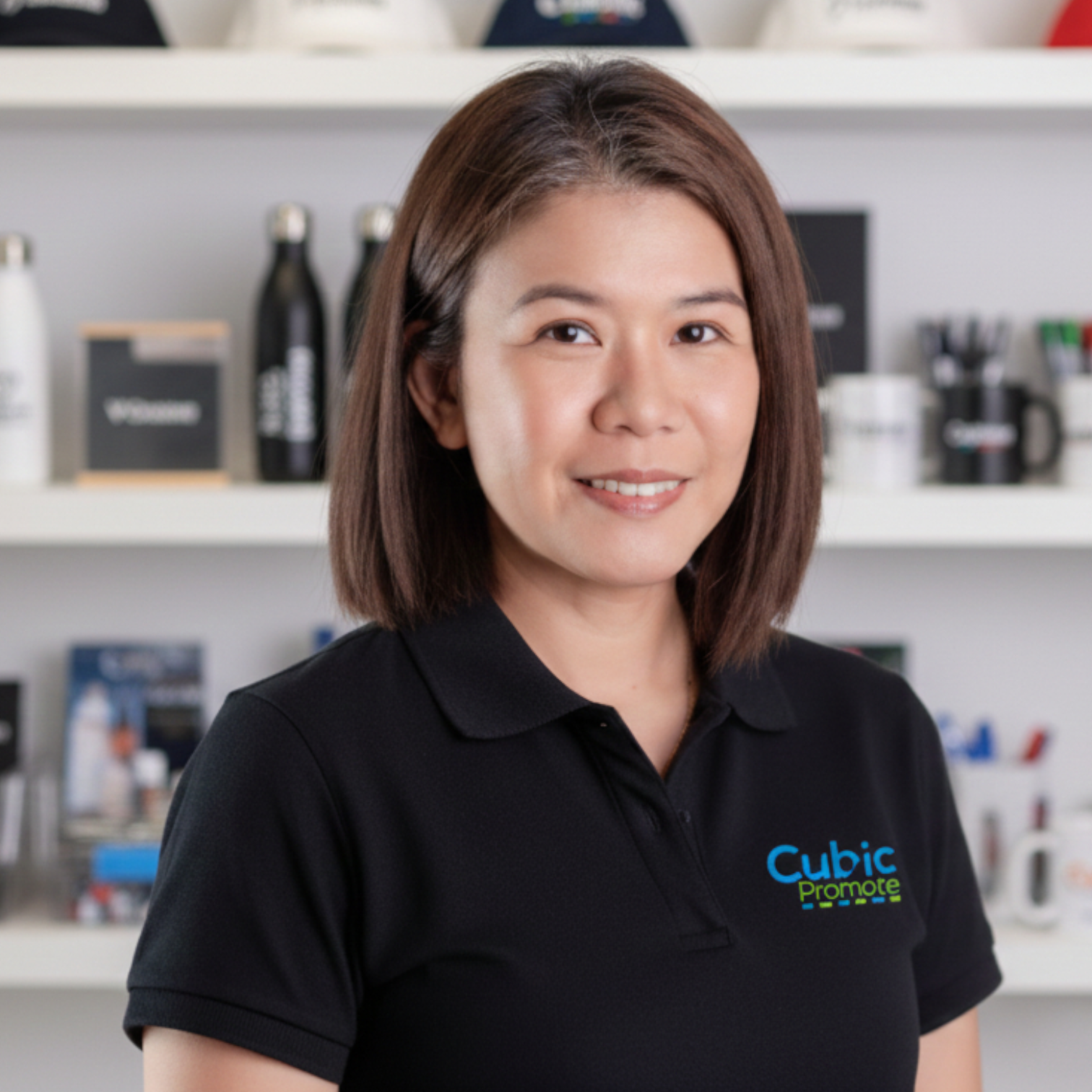 Meet the team: Woman in a black Cubic Promote shirt smiles in an office with shelves behind her.