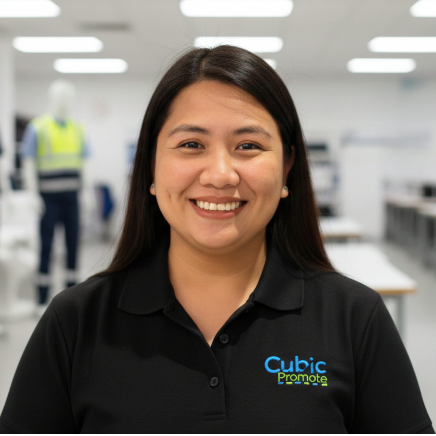 Woman smiling in an office, wearing a black Cubic Promote polo shirt—meet the team.