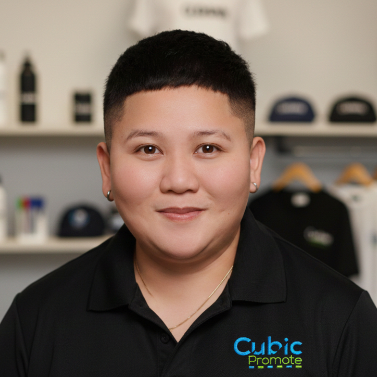 Person smiling in a black polo shirt with Cubic Promote logo, meet the team indoors.