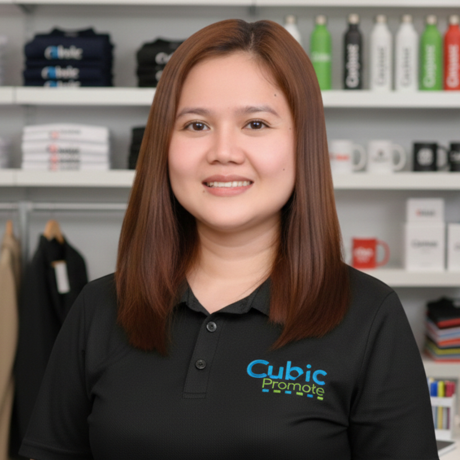 Meet the team: A woman in a Cubic Promote shirt smiles in front of branded-item shelves.