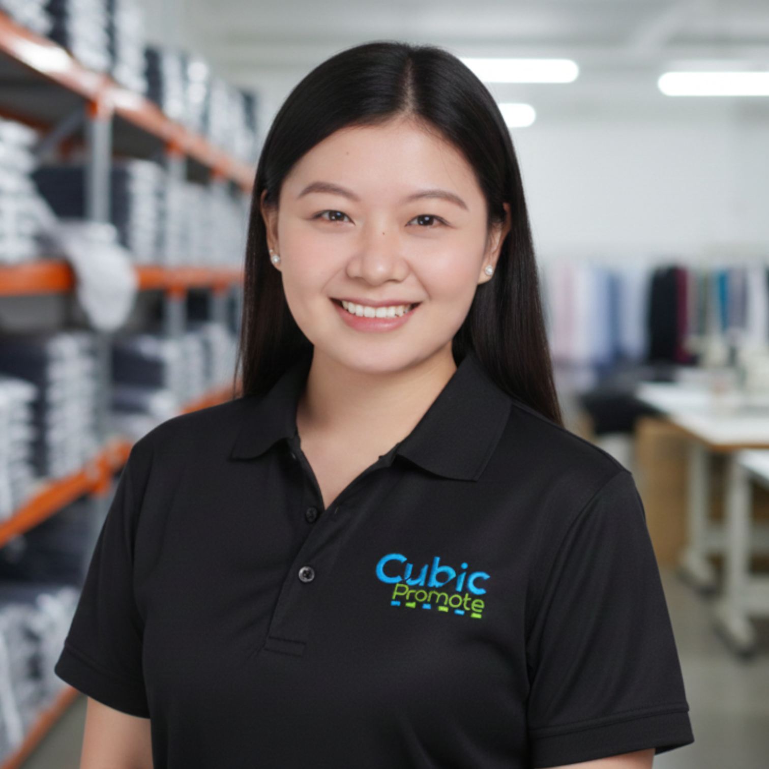 Meet the team: Smiling woman in a black Cubic Promote polo shirt standing in a warehouse.