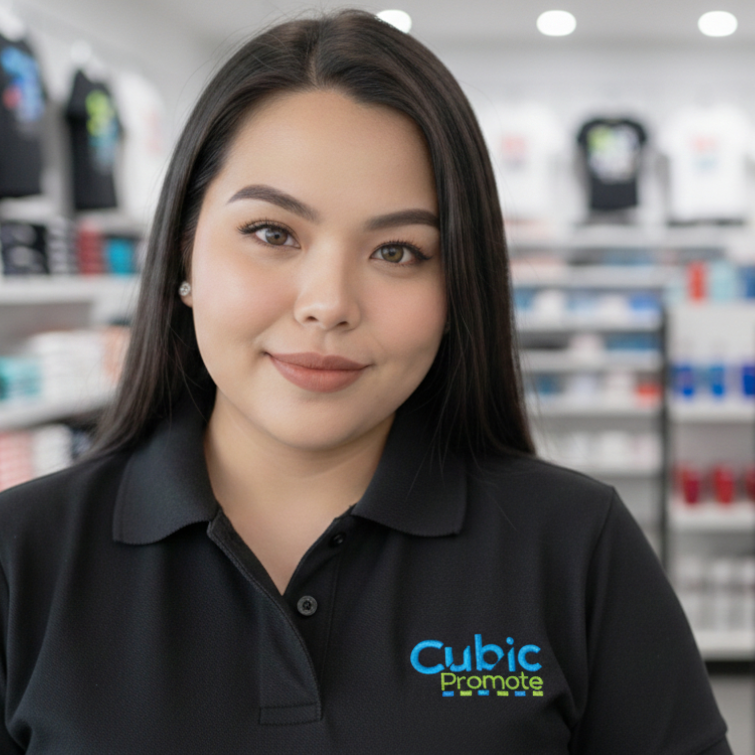 Smiling woman in a black Cubic Promote polo shirt stands in a store—meet the team!.