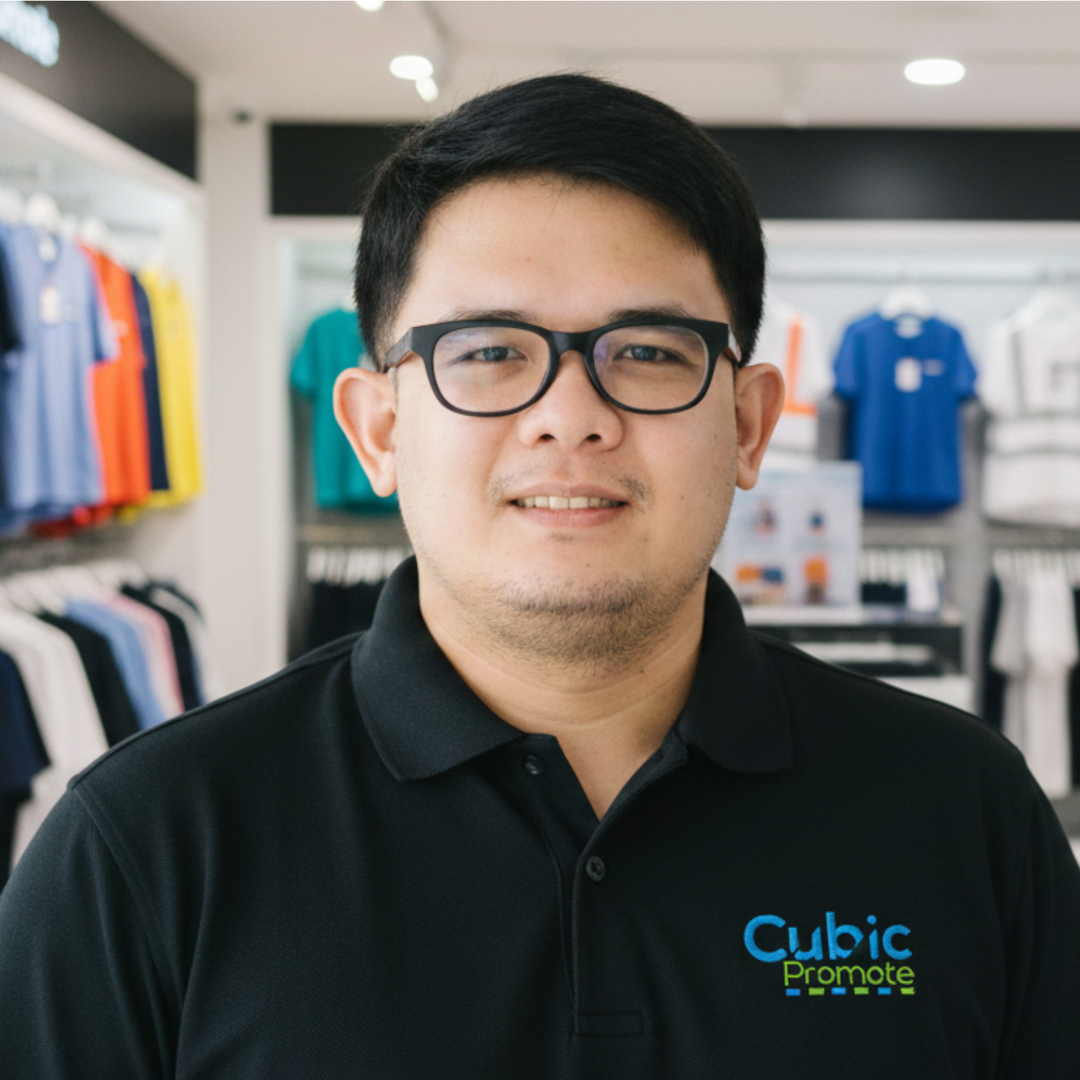 Meet the team: Man in glasses wearing a black Cubic Promote shirt, standing among colorful shirts.