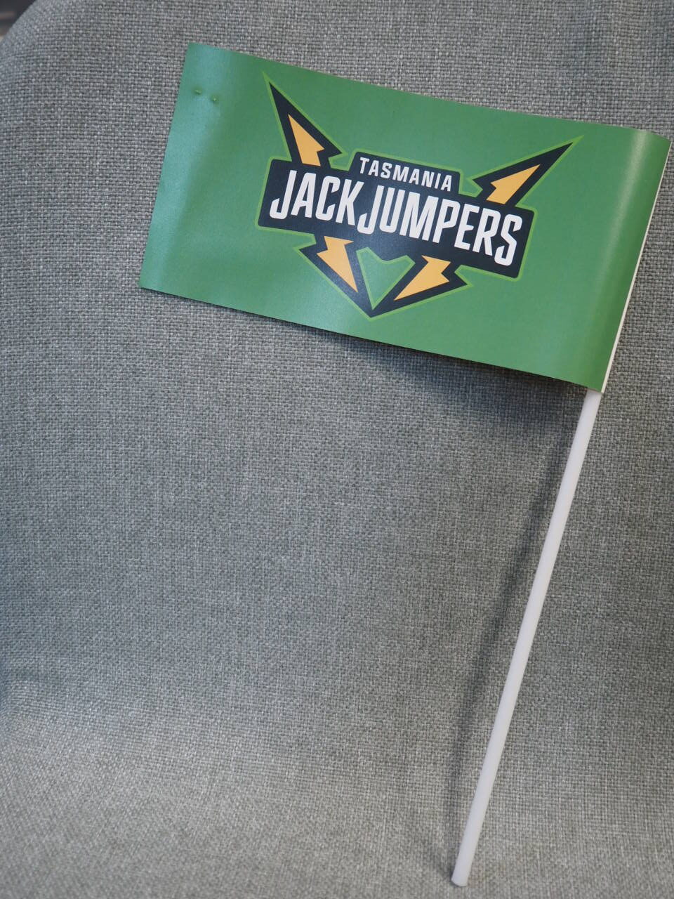 Small green flag with Tasmania JackJumpers logo on a white stick against a gray background.
