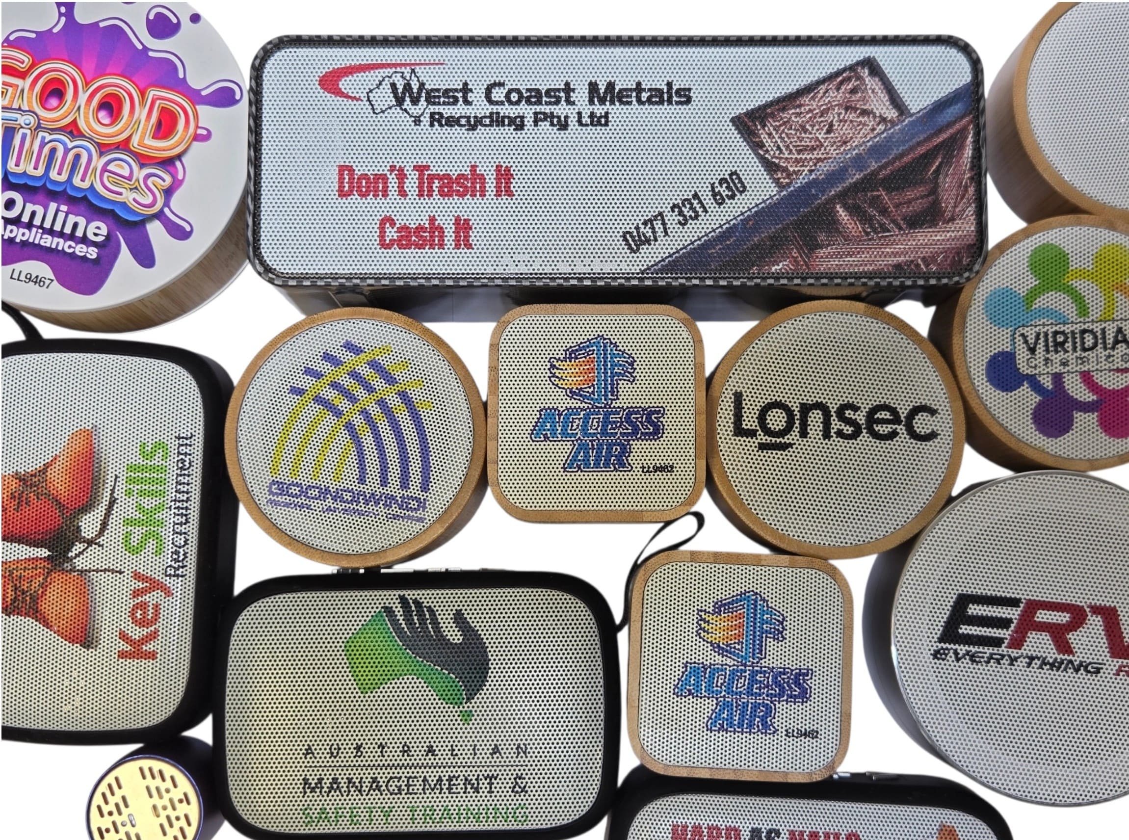 Assorted Music Speakers for Promo Gifts Australia, featuring company logos and vibrant designs.