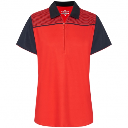 SCORLT003 Red short-sleeve polo shirt with black sleeves and a zippered collar.