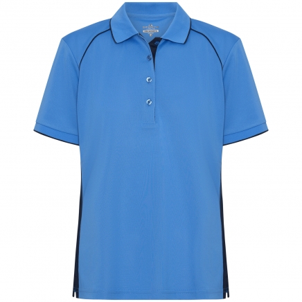 SCORLT007 Blue short-sleeve polo shirt with black side panels and three buttons on the front.