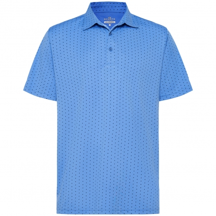 SCORMT001 Blue short-sleeve polo shirt with small black dotted pattern and a collar.