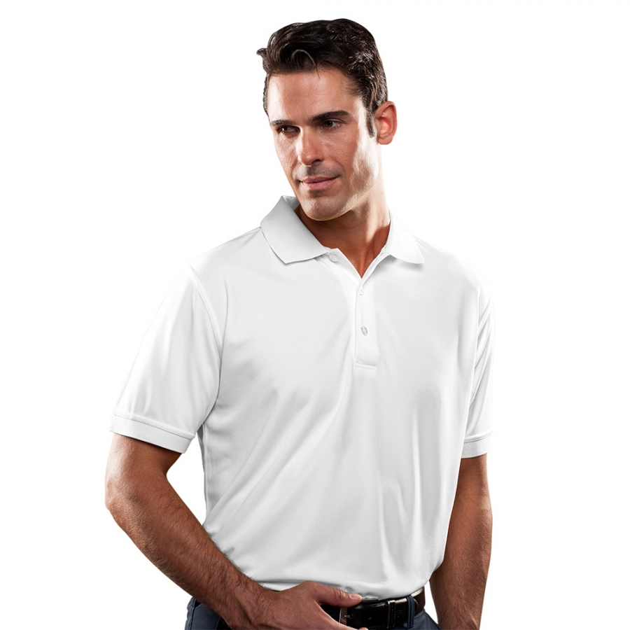 SCORMT005 Man wearing a white short-sleeve polo shirt, looking to the side against a plain background.