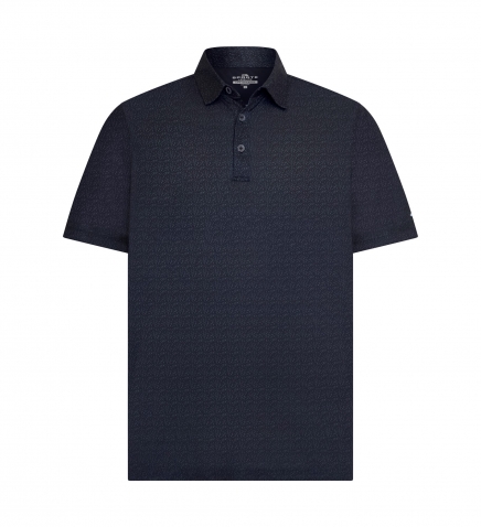 SS25MT001 Dark navy blue short-sleeve polo shirt with a subtle textured pattern and three buttons.