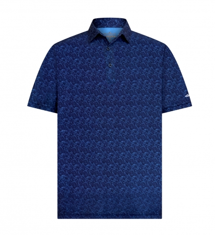 SS25MT400 Navy blue short-sleeve polo shirt with subtle patterned design and a buttoned collar.