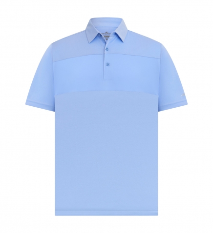 SS25MT401 Light blue short-sleeve polo shirt with buttons and a collar, front view.
