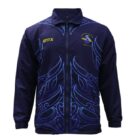 Sublimated Jacket: Dark blue with light blue tribal patterns, yellow embroidered chest logos.