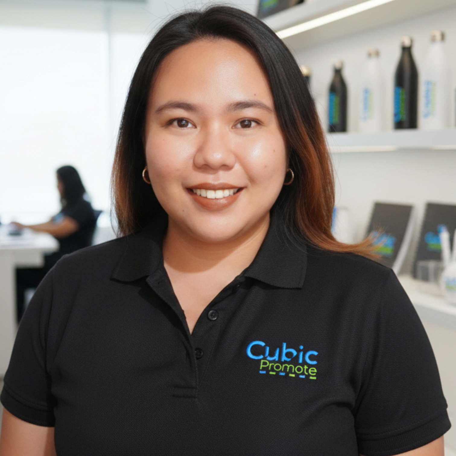 Smiling woman in a Cubic Promote polo shirt—meet the team in a modern office environment.