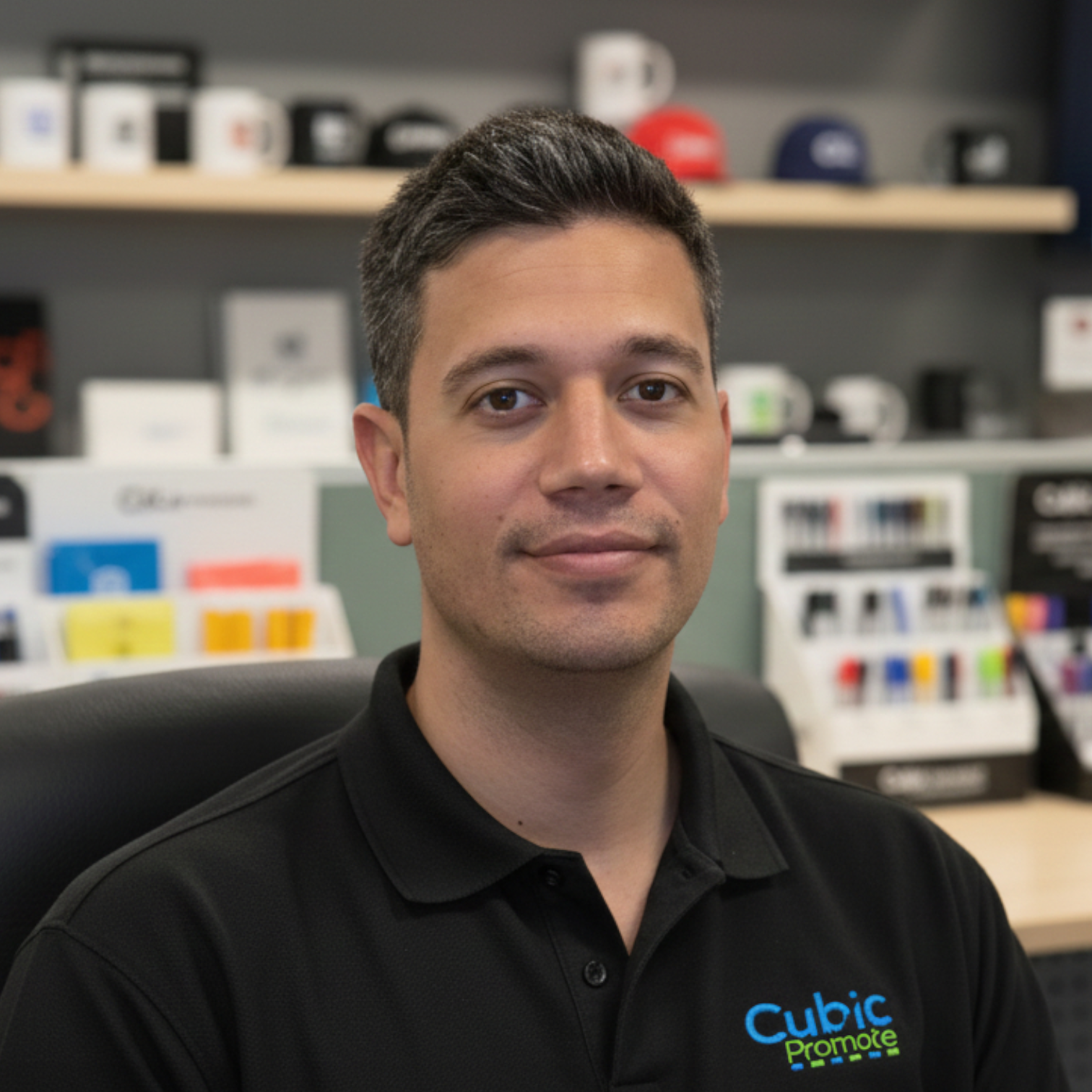 Meet the team: A man in a Cubic Promote polo sits in an office with promotional items on shelves.