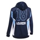 Navy Year 12 School Leaver Hoodie with “18 LEAVERS” in white and blue on the back.