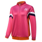 Bright pink Grade 6 School Leaver Jacket with orange trim and navy, white, purple accents.