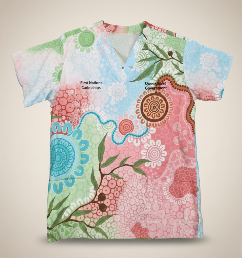 Colorful scrub top featuring Aboriginal Artists’ patterns for First Nations Cadetships.