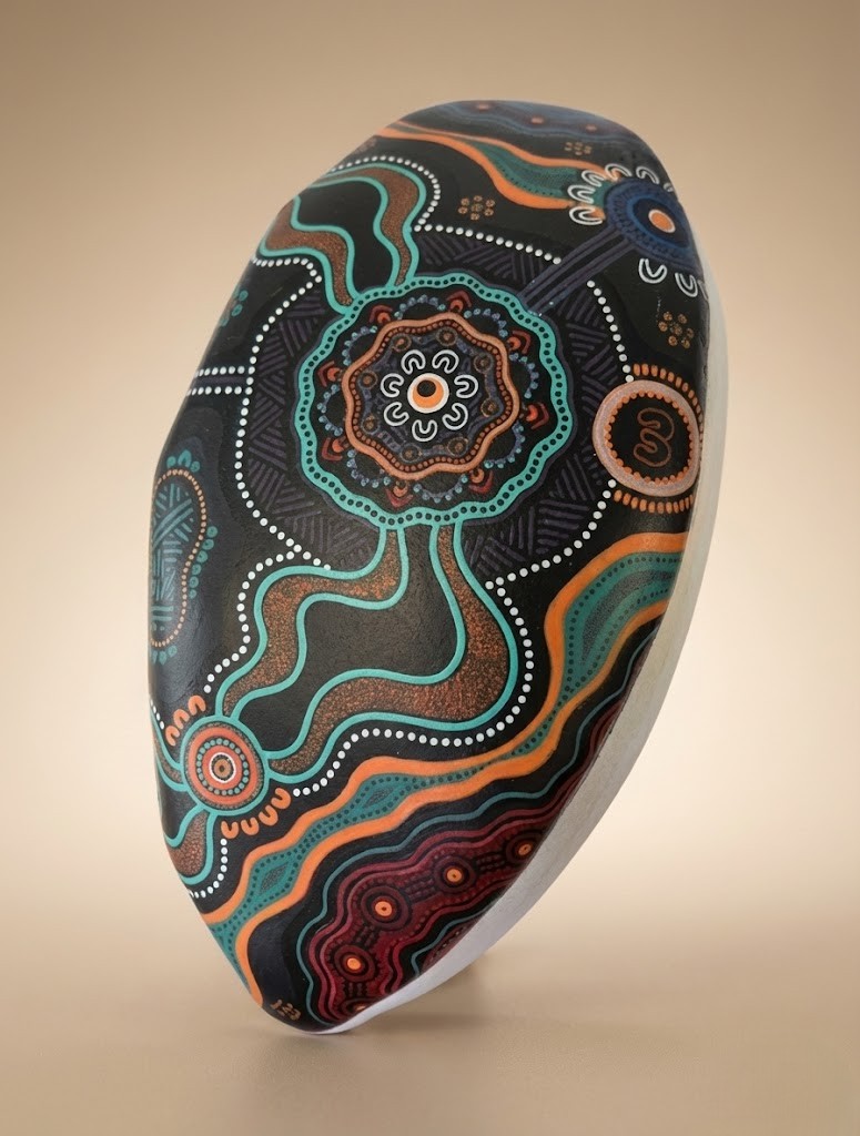 Oval stone featuring colorful, intricate Aboriginal-style patterns—partnering with Aboriginal artists.