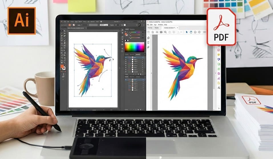 A laptop displays a colorful hummingbird design meeting artwork requirements in Illustrator and PDF.