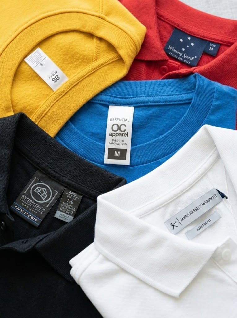 Five folded shirts in various colors, showcasing inner labels from top clothing brands.