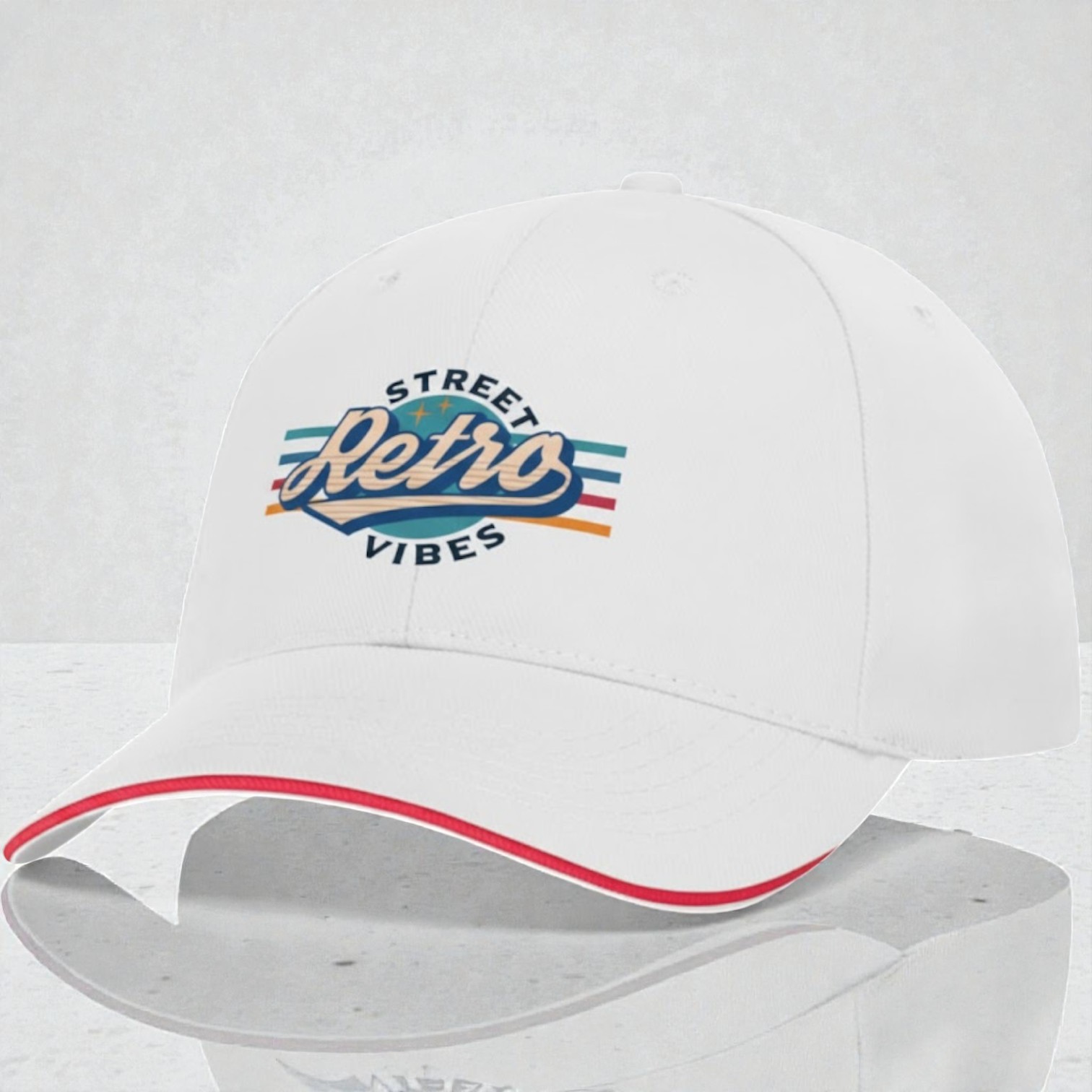 White promotional cap with a Street Retro Vibes logo and red trim on the brim.