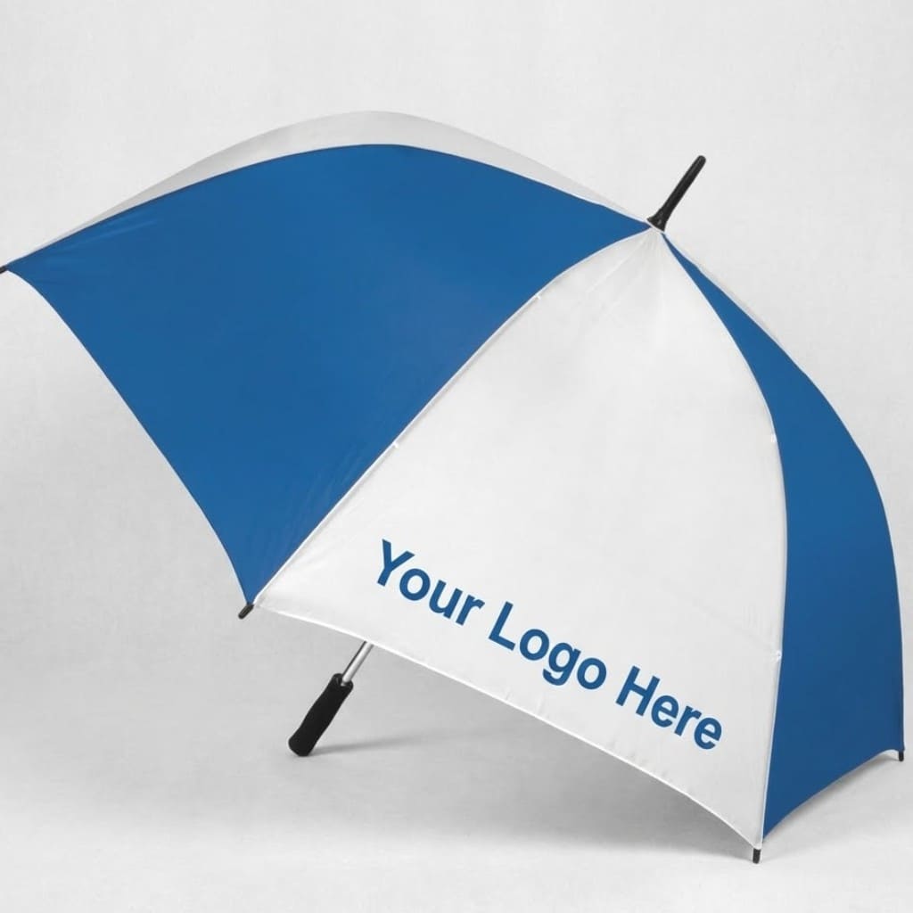 Blue and white umbrella, perfect for promotional items, with Your Logo Here on a white panel.