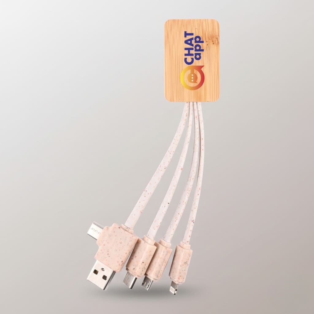 Four-in-one starter kit cable with a wooden Chat App tag on a light background.