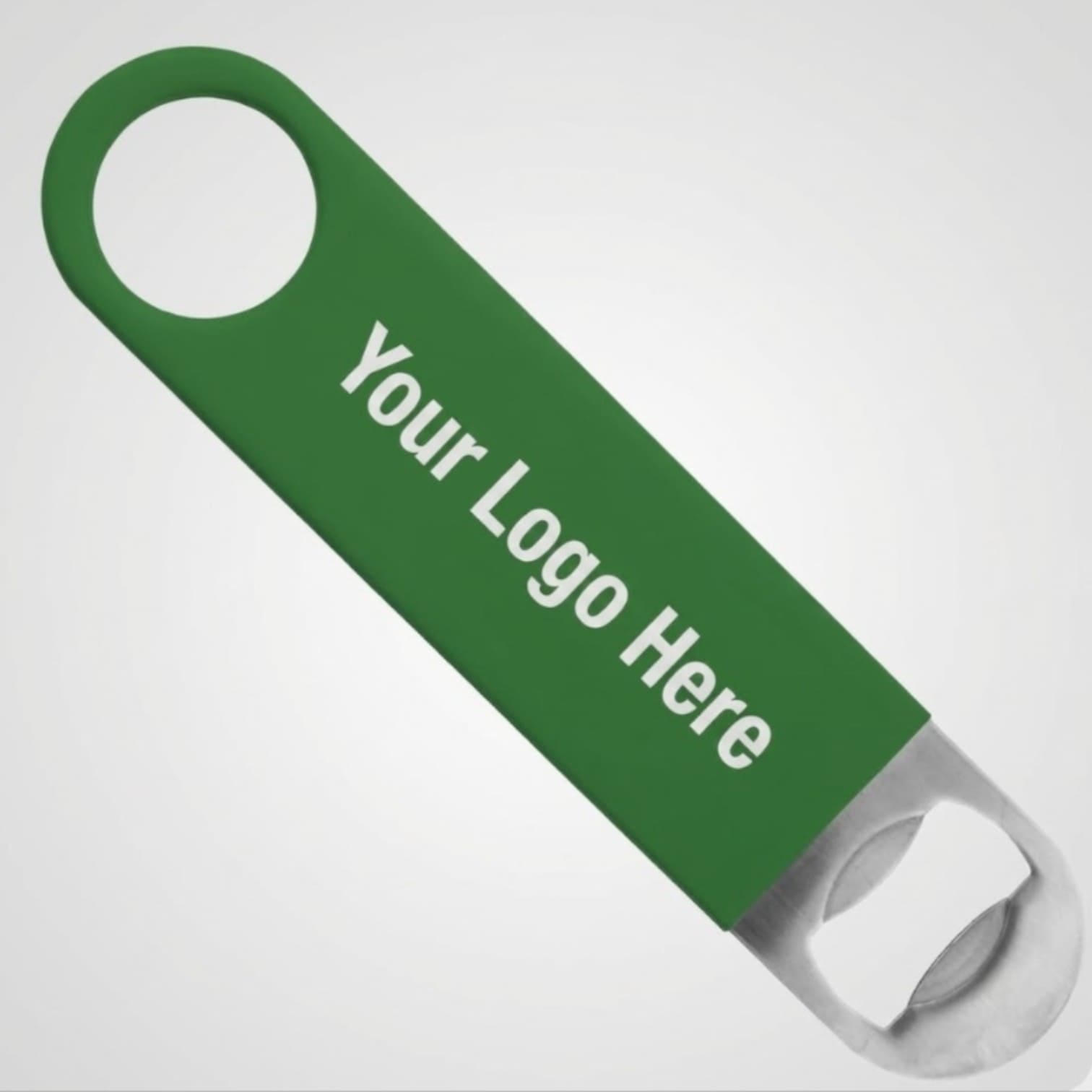 Green bottle opener, perfect for promotional items, with Your Logo Here printed on it.
