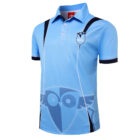 Light blue Year 12 School Leaver Polo with dark blue accents and owl logos on chest, front.