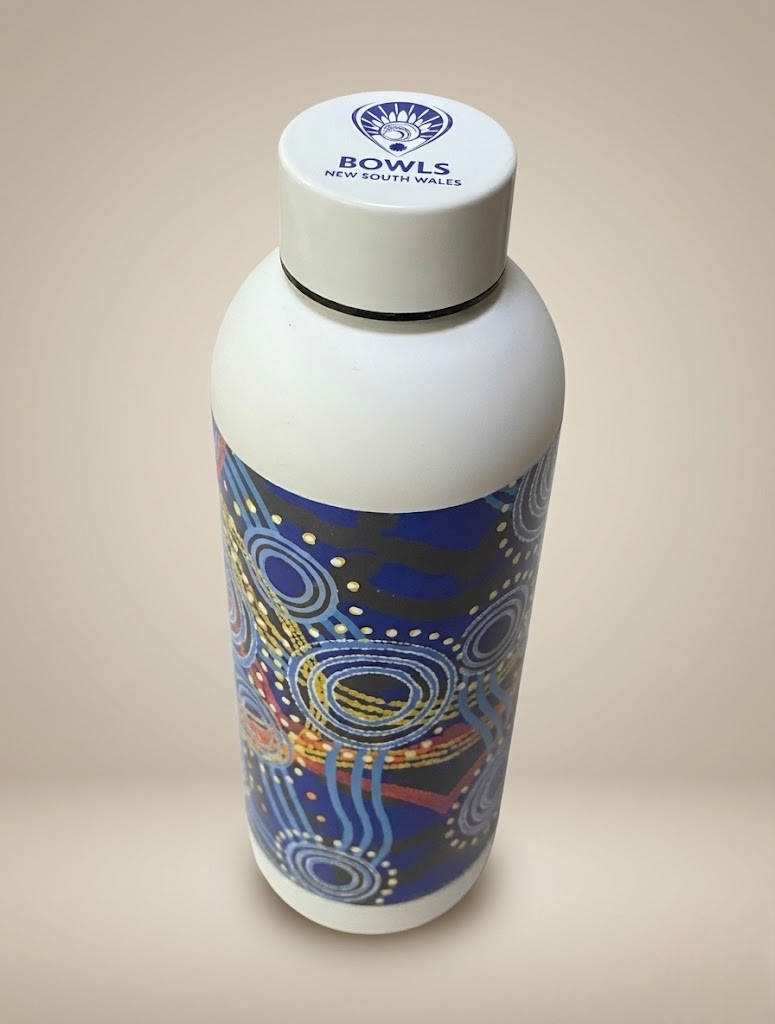 White water bottle with abstract patterns, designed by Aboriginal Artists, and a logo on the lid.