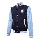 Year 12 School Leaver Jacket in navy/light blue with white buttons and sheep logo on chest.