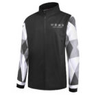Sublimated Jacket: black with geometric white/gray sleeves, zip front, and chest logo.