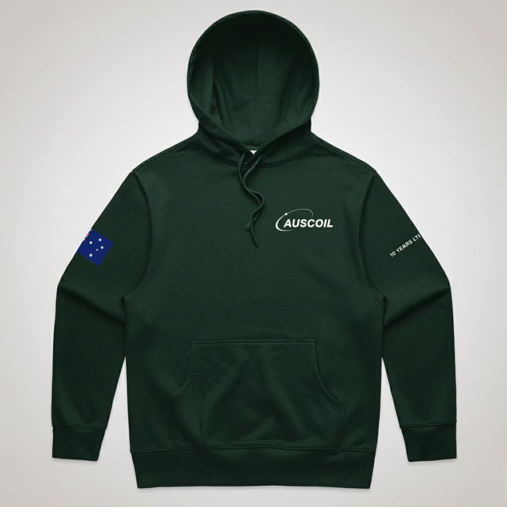 Dark green starter kit hoodie with AUSCOIL logo, Australian flag patch, and sleeve text.
