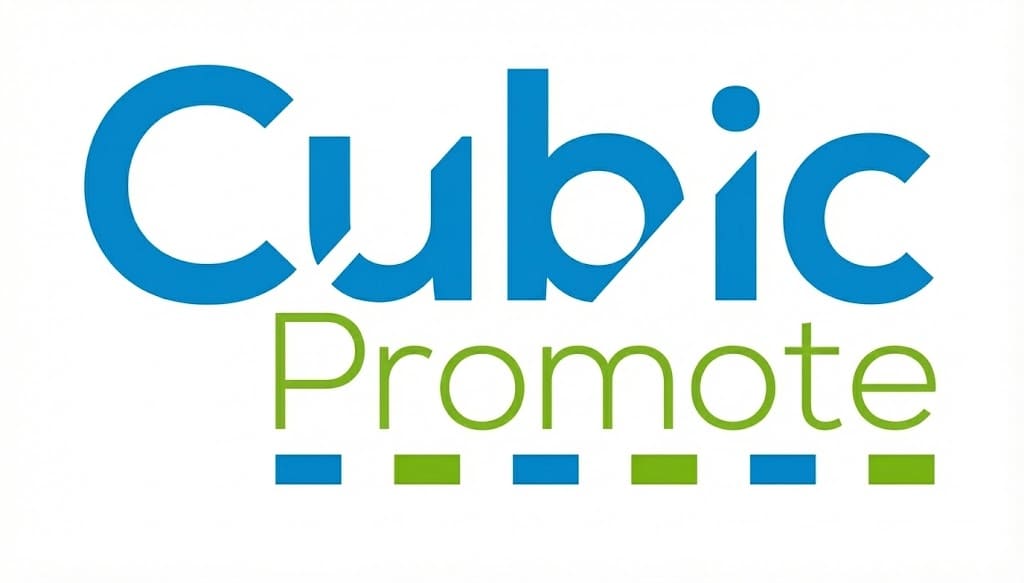 Cubic Promote logo with blue and green text, rectangles, and artwork requirements details.