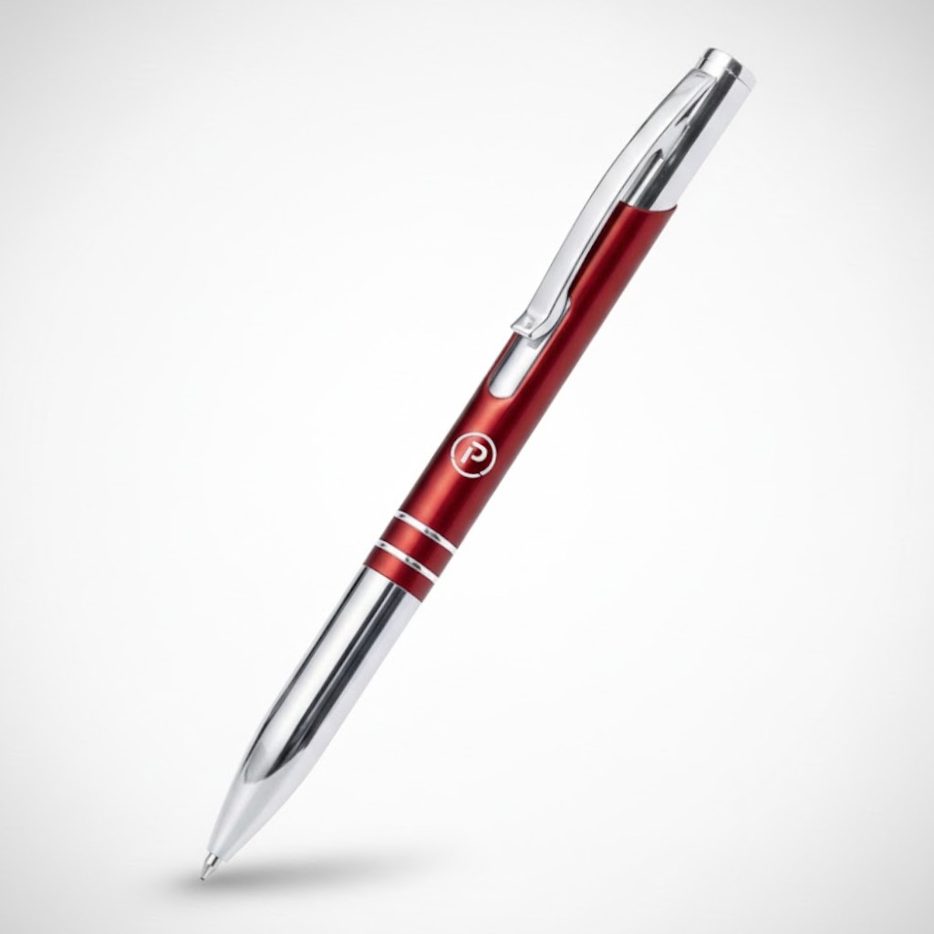 Red and silver promotional pen with a clip, displayed against a plain white background.