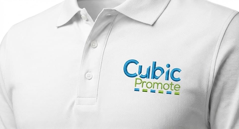 White polo shirt with Cubic Promote logo—artwork requirements apply for embroidery.