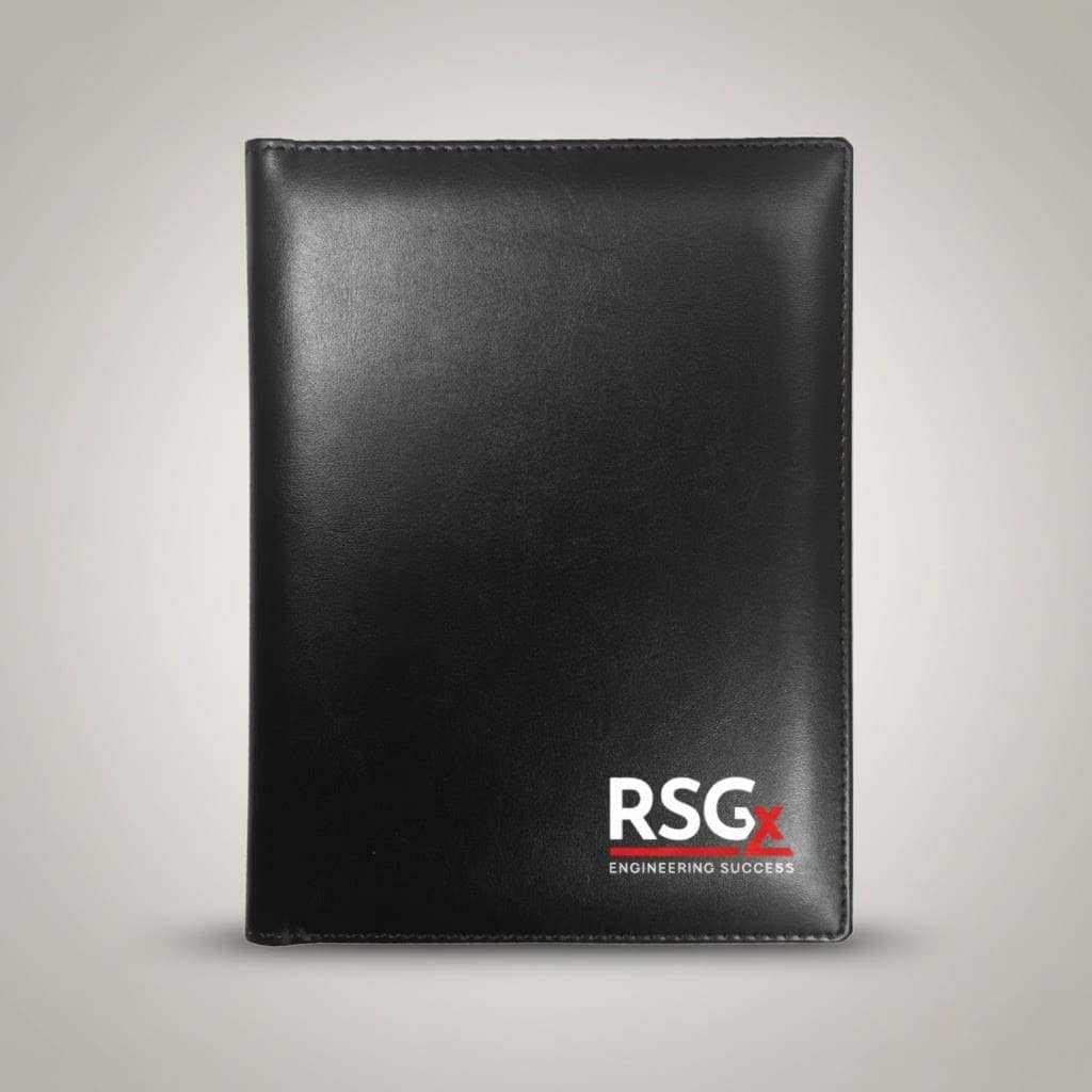 Black leather starter kit folder with RSGx ENGINEERING SUCCESS logo in white and red at the bottom right.