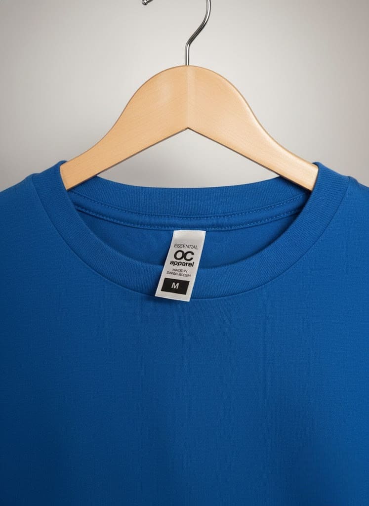 Blue t-shirt from top clothing brands on wooden hanger with visible size M tag at the collar.