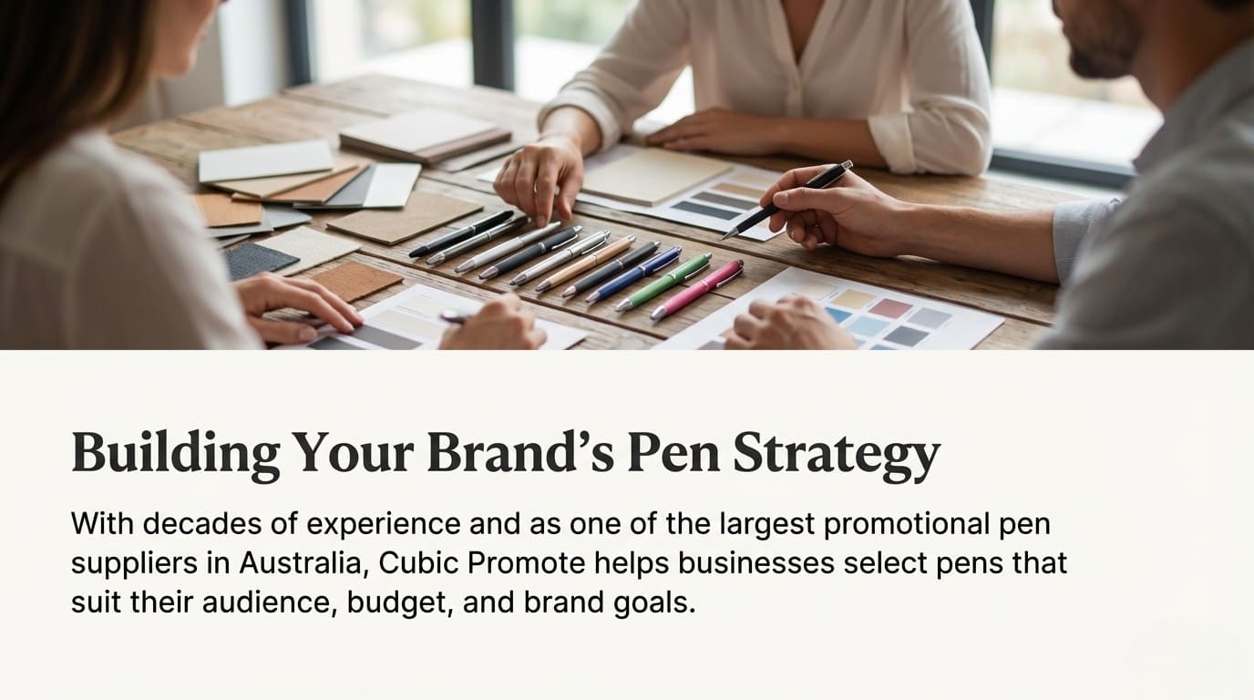 People discussing promotional pens and color swatches at a table, planning a brand strategy.