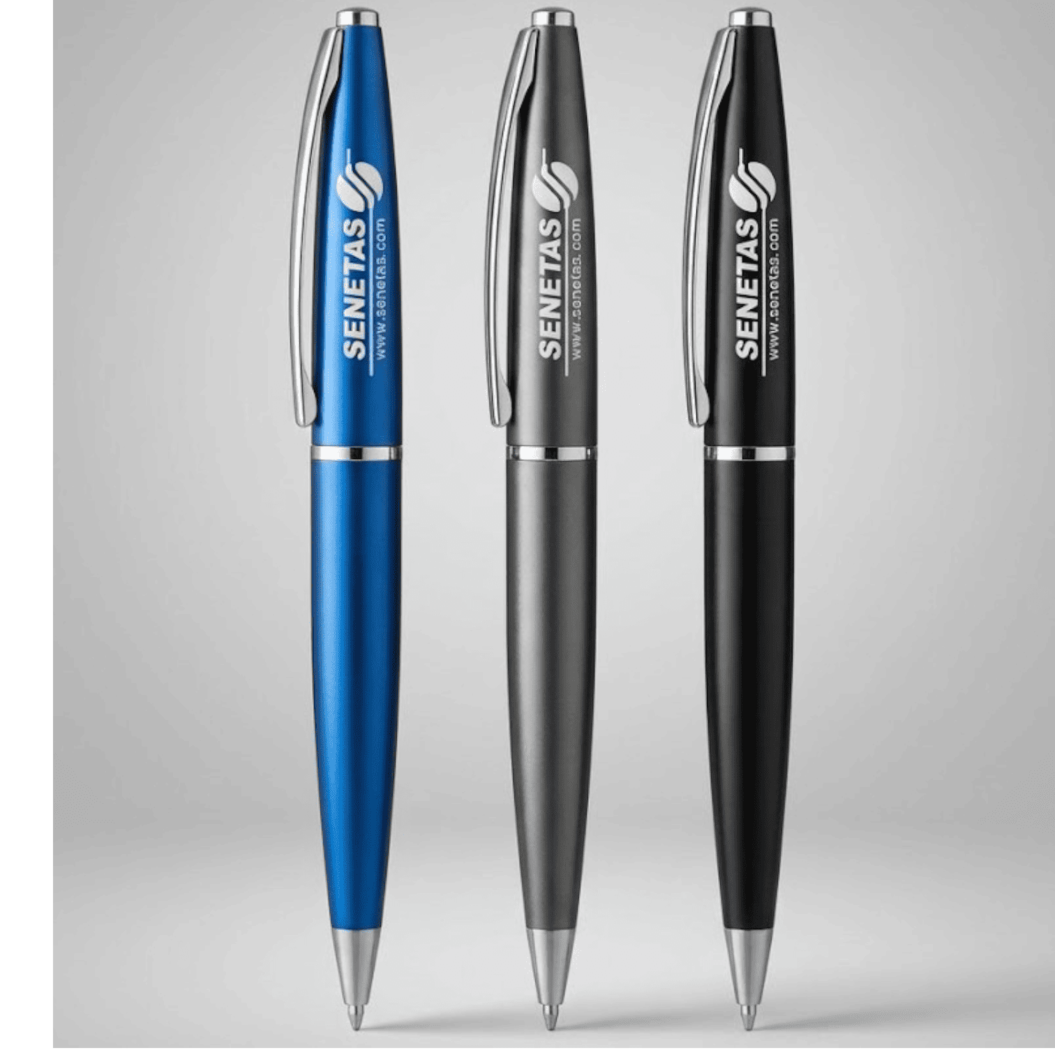Three ballpoint pens in blue, gray, and black reflect current product trends with SENETAS branding.