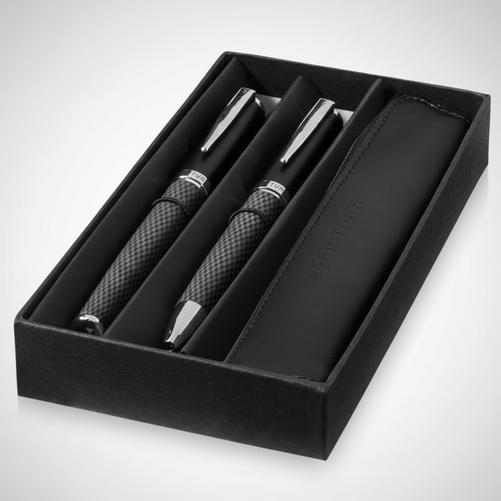 Black gift box with two promotional pens and a black leather pen case inside.
