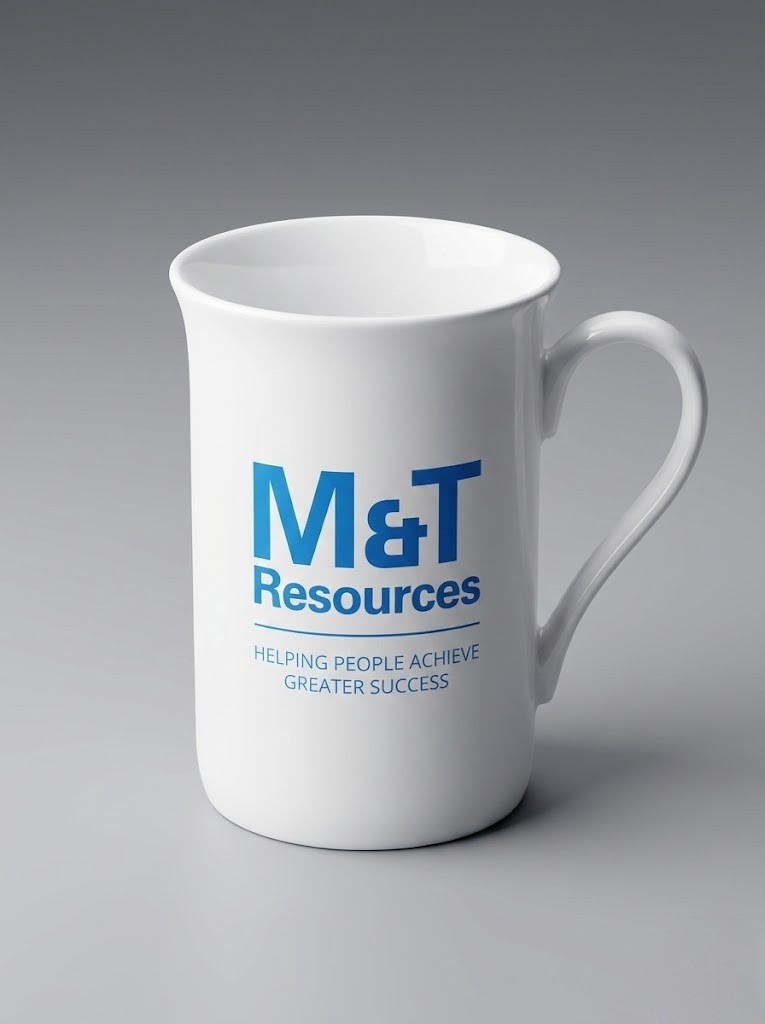 White mug with blue M&T Resources logo, perfect promotional product for Brisbane businesses.