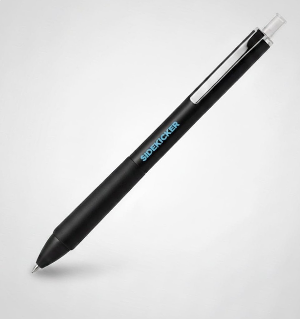 Black retractable promotional pen with SIDEKICKER in blue on the barrel, on a white background.