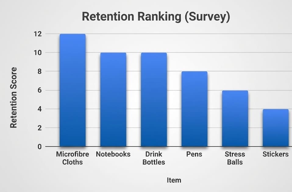 Bar chart reveals product trends: microfibre cloths lead, stickers lag in retention rates.