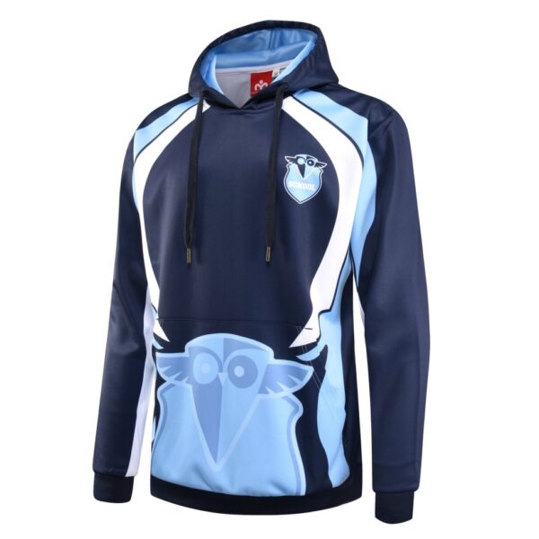 Year 12 School Leaver Hoodie in navy and light blue with owl logo and black drawstrings.