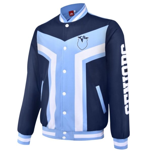 Navy/light blue Year 12 School Leaver Jacket with SENIORS on sleeve and owl chest logo.